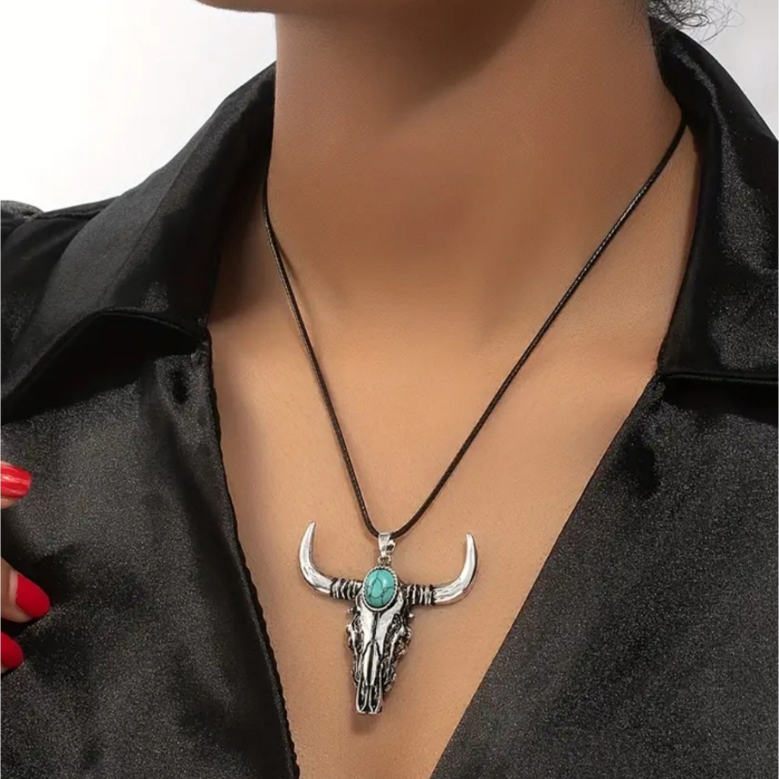 Western Bull Skull Synthetic Turquoise Necklace